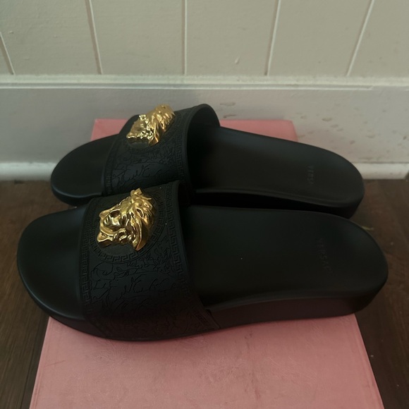 Versace Black Sandals with Gold Medusa Accent - Picture 3 of 6